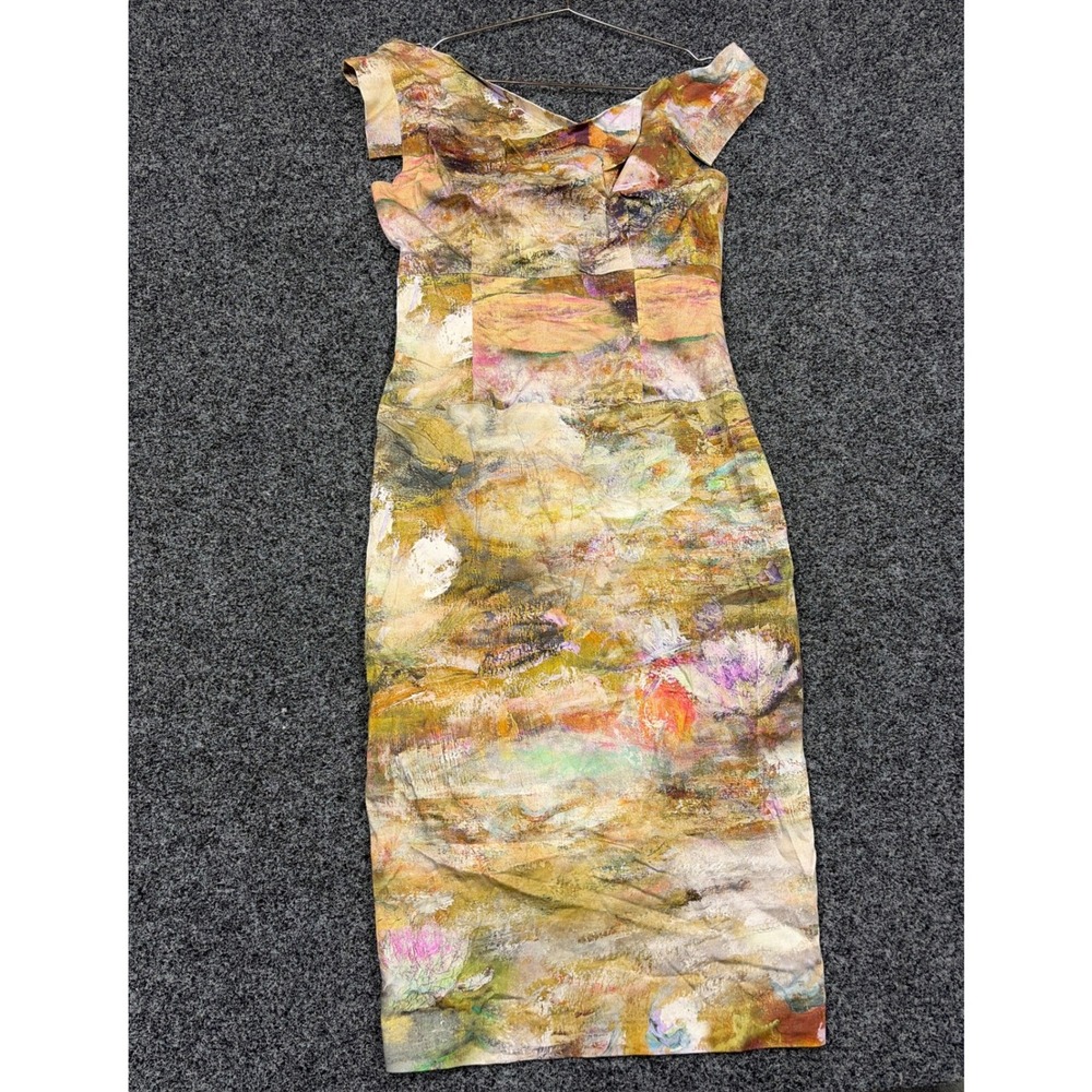 Black Halo Dress Womens 4 Multicolor Floral Sheath Cowl Neck Midi Cocktail Art